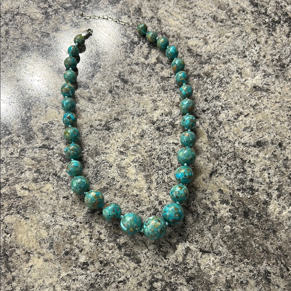 Turquoise Beaded Necklace with sterling silver clasp.
